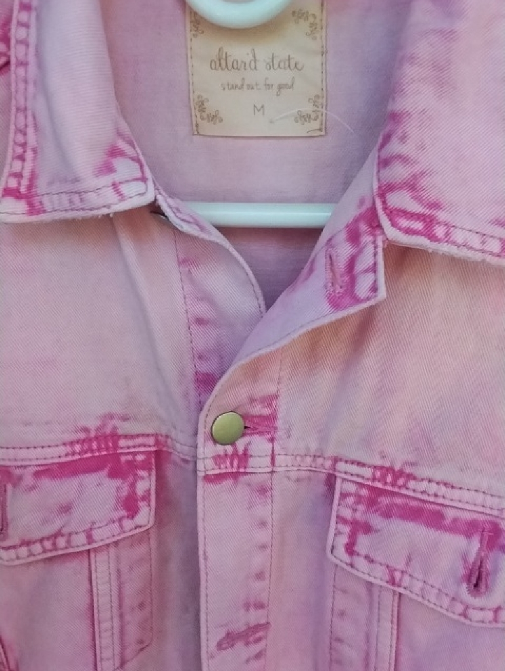 Altar'd State Pink Tie-Dye Denim Jacket With Fringe Bling On Bottom Sz M